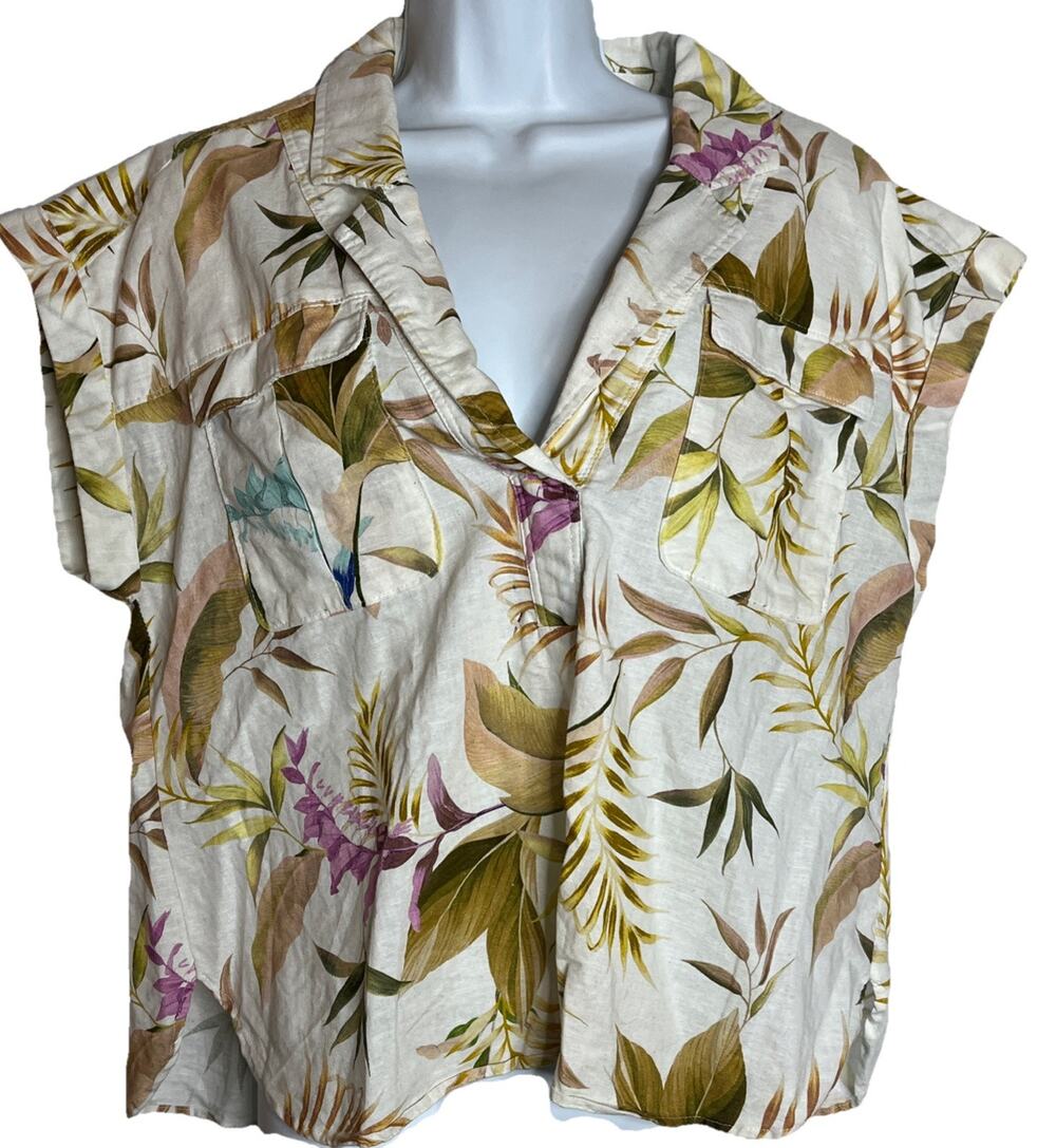 Velvet Heart Women's L Sleeveless Cream Tropical Crop Popover 100% Linen Top